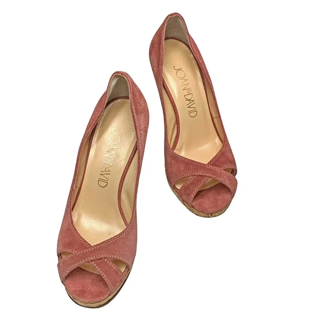 Joan &‎ David Contessa Suede Peep Toe Platform Cork Wedges Made in Italy
